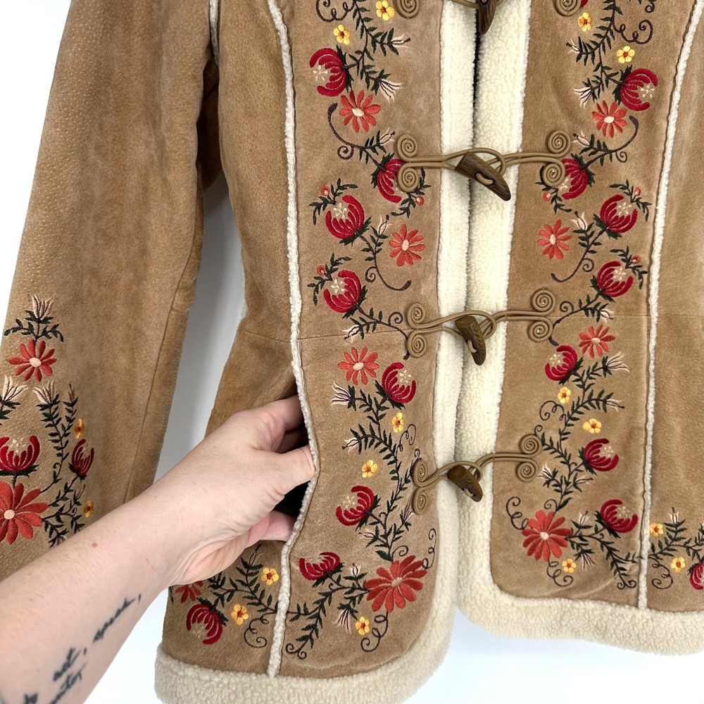 St. John's Bay Tan Suede Embroidered Toggle Coat with Cream Shearling Trim - Picture 6 of 17